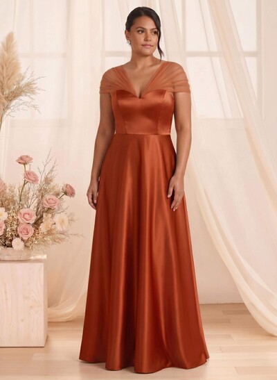 A-Line V-Neck Sleeveless Floor-Length Satin/Tulle Bridesmaid Dresses