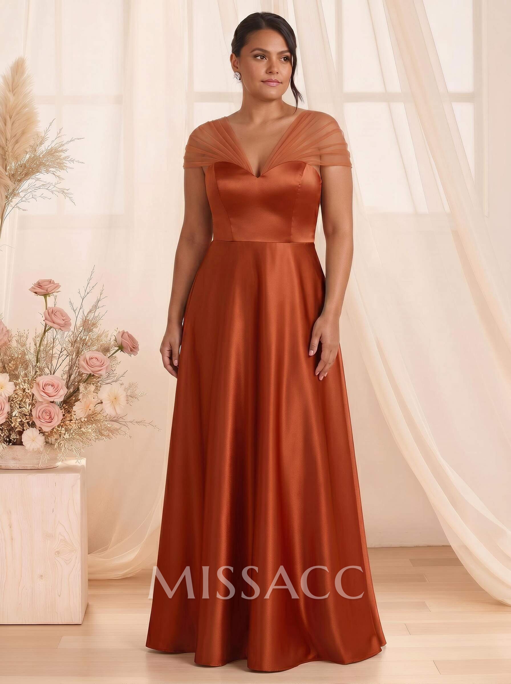 A-Line V-Neck Sleeveless Floor-Length Satin/Tulle Bridesmaid Dresses