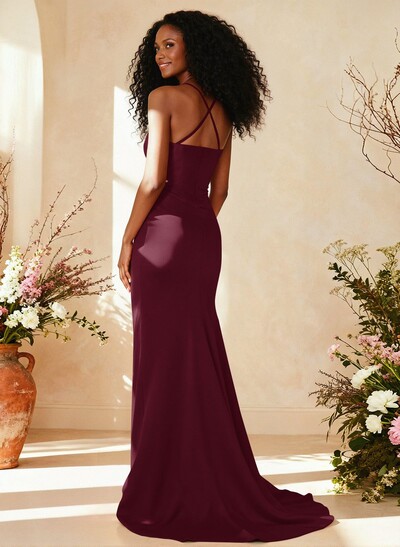 Sheath/Column Square Neckline Sleeveless Sweep Train Charmeuse Bridesmaid Dresses With High Split
