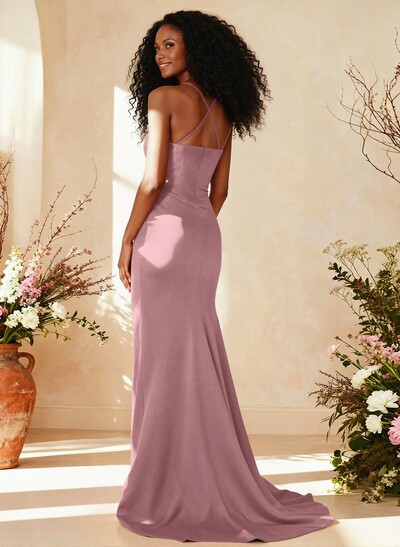 Sheath/Column Square Neckline Sleeveless Sweep Train Charmeuse Bridesmaid Dresses With High Split