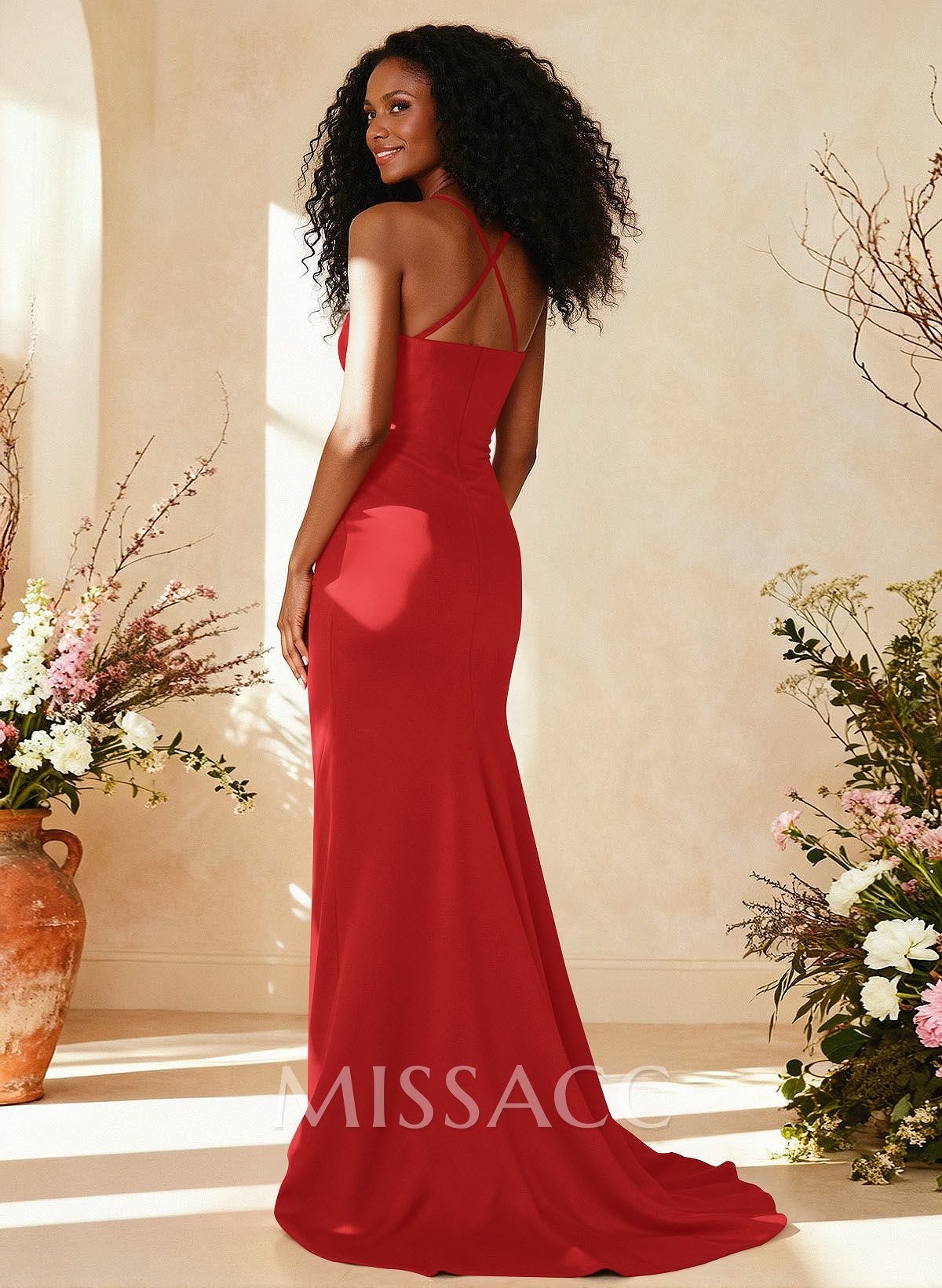 Sheath/Column Square Neckline Sleeveless Sweep Train Charmeuse Bridesmaid Dresses With High Split