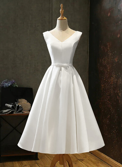 Elegant V-Neck Sleeveless A-Line Tea-Length Matte Satin Cocktail Dresses With Bow(s)