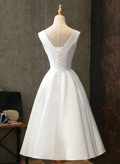 Elegant V-Neck Sleeveless A-Line Tea-Length Matte Satin Cocktail Dresses With Bow(s)