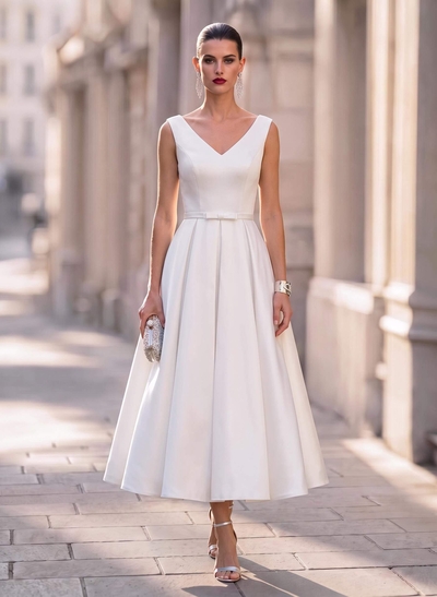 Elegant V-Neck Sleeveless A-Line Tea-Length Matte Satin Cocktail Dresses With Bow(s)