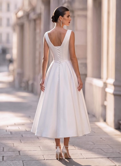 Elegant V-Neck Sleeveless A-Line Tea-Length Matte Satin Cocktail Dresses With Bow(s)