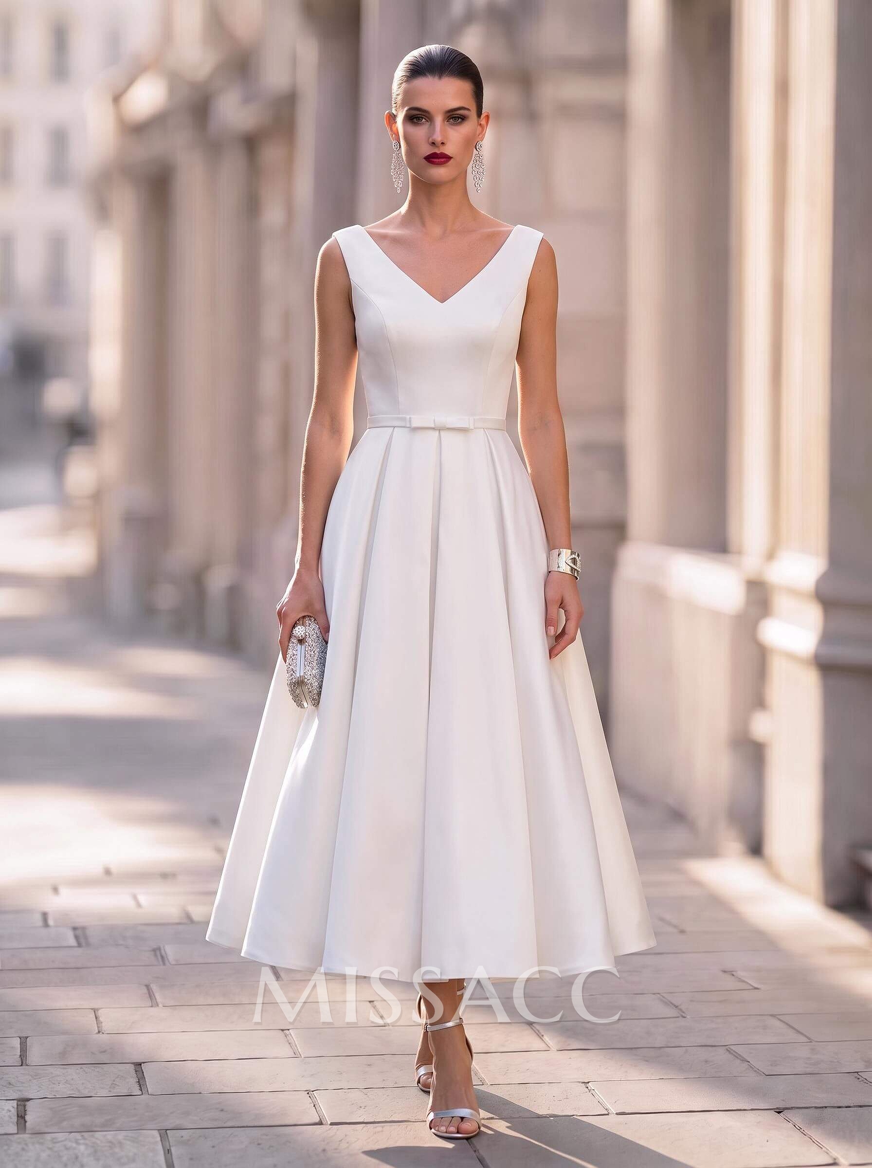 Elegant V-Neck Sleeveless A-Line Tea-Length Matte Satin Cocktail Dresses With Bow(s)