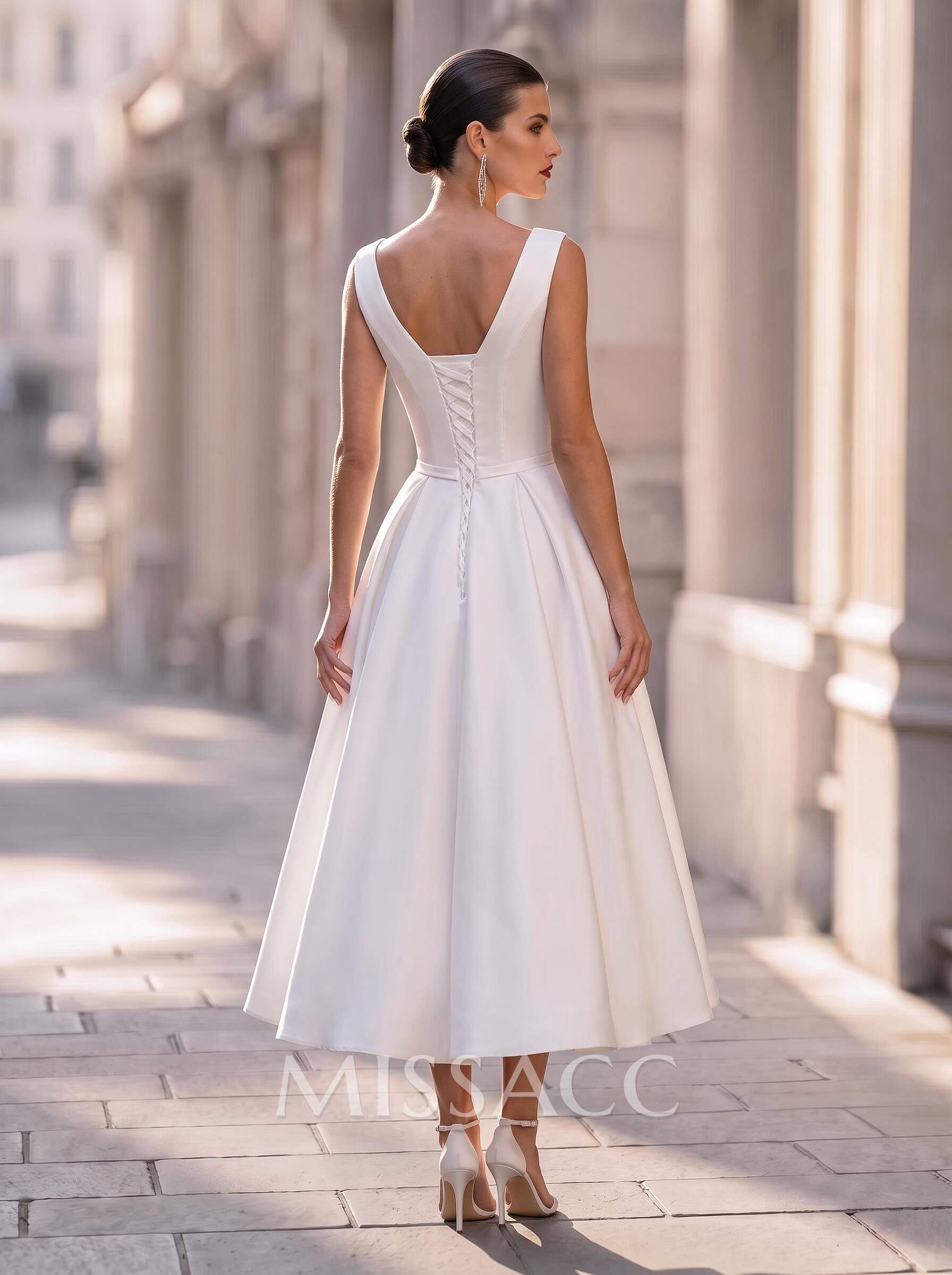 Elegant V-Neck Sleeveless A-Line Tea-Length Matte Satin Cocktail Dresses With Bow(s)