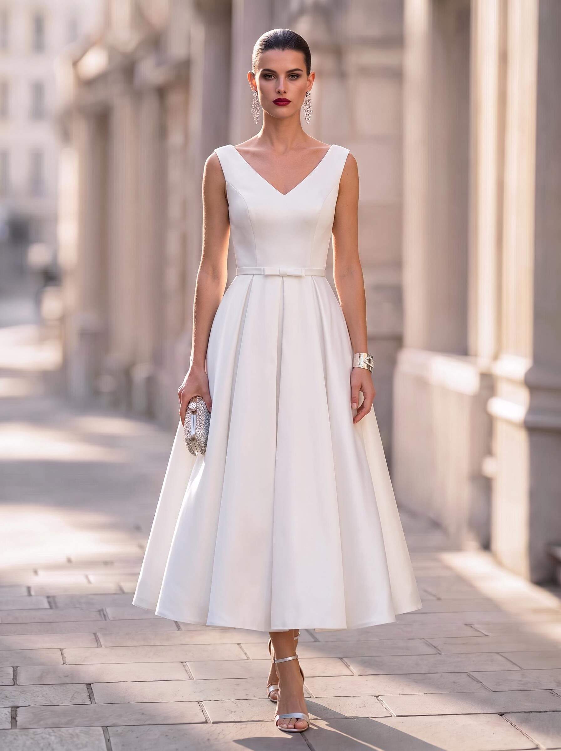 Elegant V-Neck Sleeveless A-Line Tea-Length Matte Satin Cocktail Dresses With Bow(s)