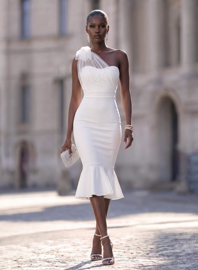 Elegant One-Shoulder Sleeveless Mermaid Tea-Length Tulle/Elastic Satin Cocktail Dresses With Bow(s)