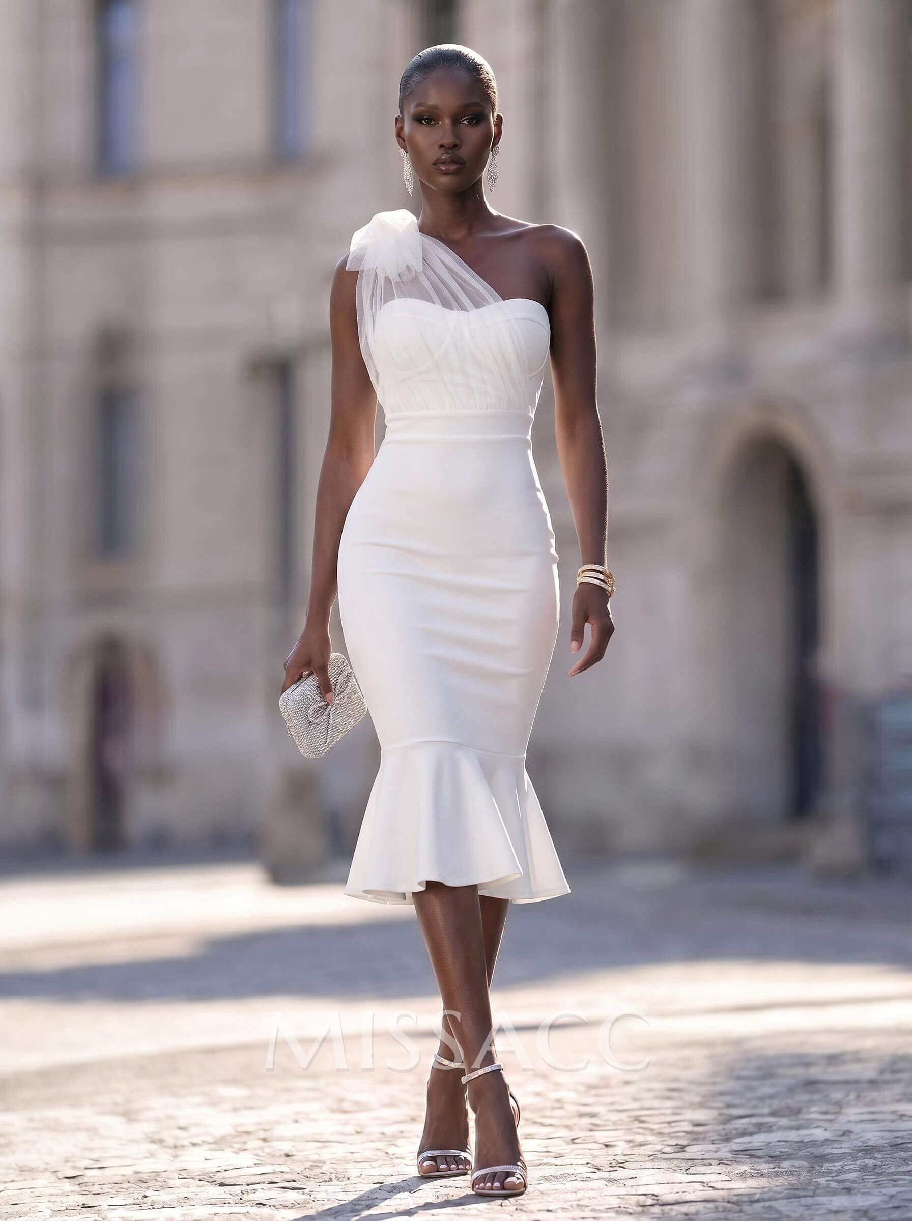 Elegant One-Shoulder Sleeveless Mermaid Tea-Length Tulle/Elastic Satin Cocktail Dresses With Bow(s)