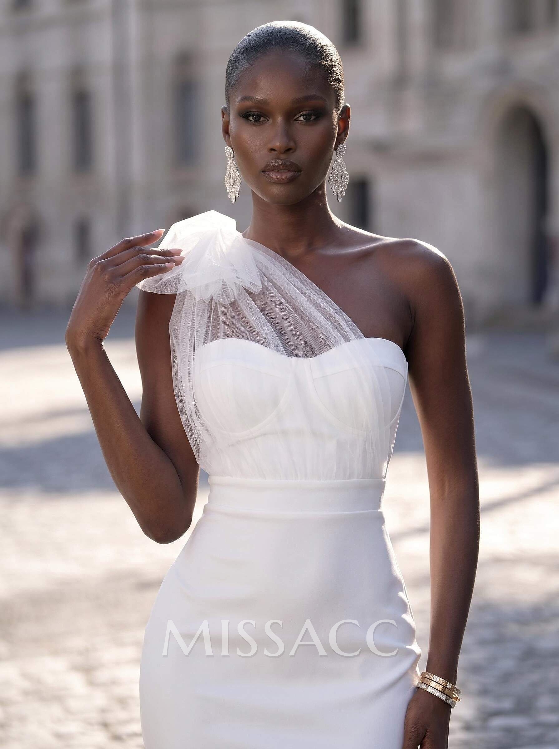 Elegant One-Shoulder Sleeveless Mermaid Tea-Length Tulle/Elastic Satin Cocktail Dresses With Bow(s)