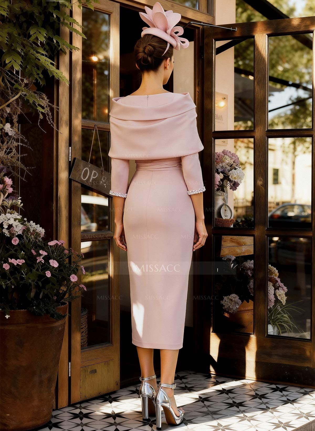 Sheath Column V-Neck 3/4 Sleeves Tea-Length Elastic Satin Mother Of The Bride Dresses With Beading