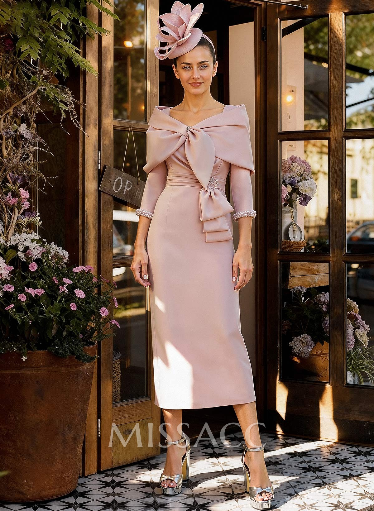 Sheath Column V-Neck 3/4 Sleeves Tea-Length Elastic Satin Mother Of The Bride Dresses With Beading
