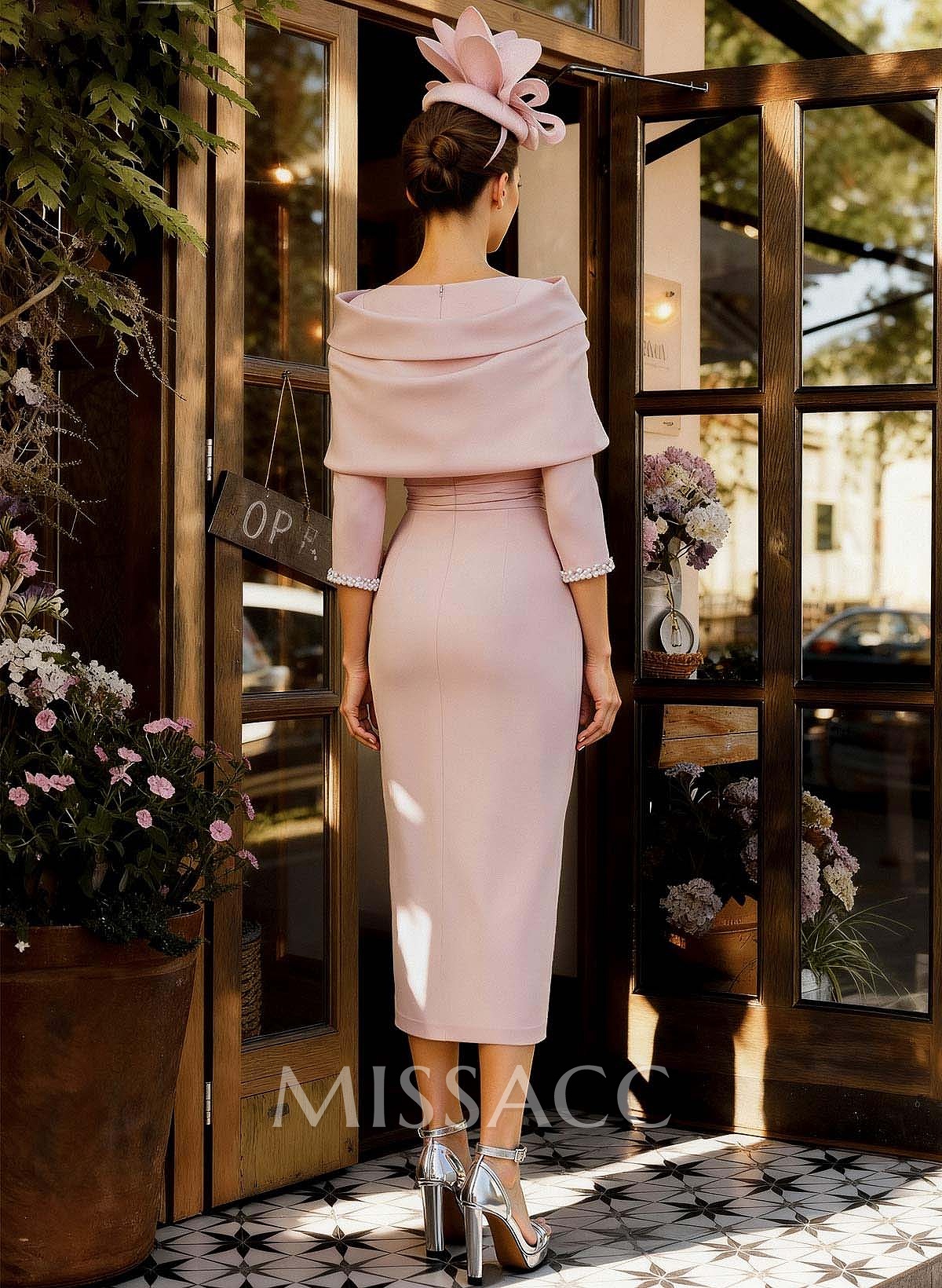 Sheath Column V-Neck 3/4 Sleeves Tea-Length Elastic Satin Mother Of The Bride Dresses With Beading
