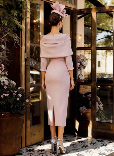 Sheath Column V-Neck 3/4 Sleeves Tea-Length Elastic Satin Mother Of The Bride Dresses With Beading