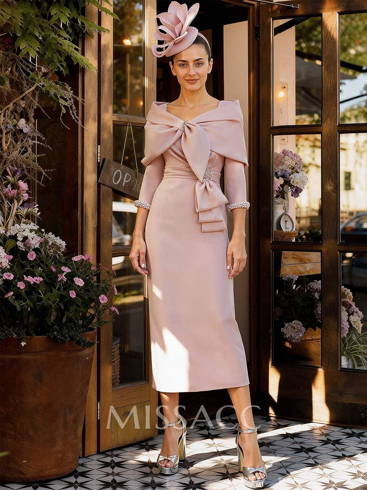 Sheath Column V-Neck 3/4 Sleeves Tea-Length Elastic Satin Mother Of The Bride Dresses With Beading