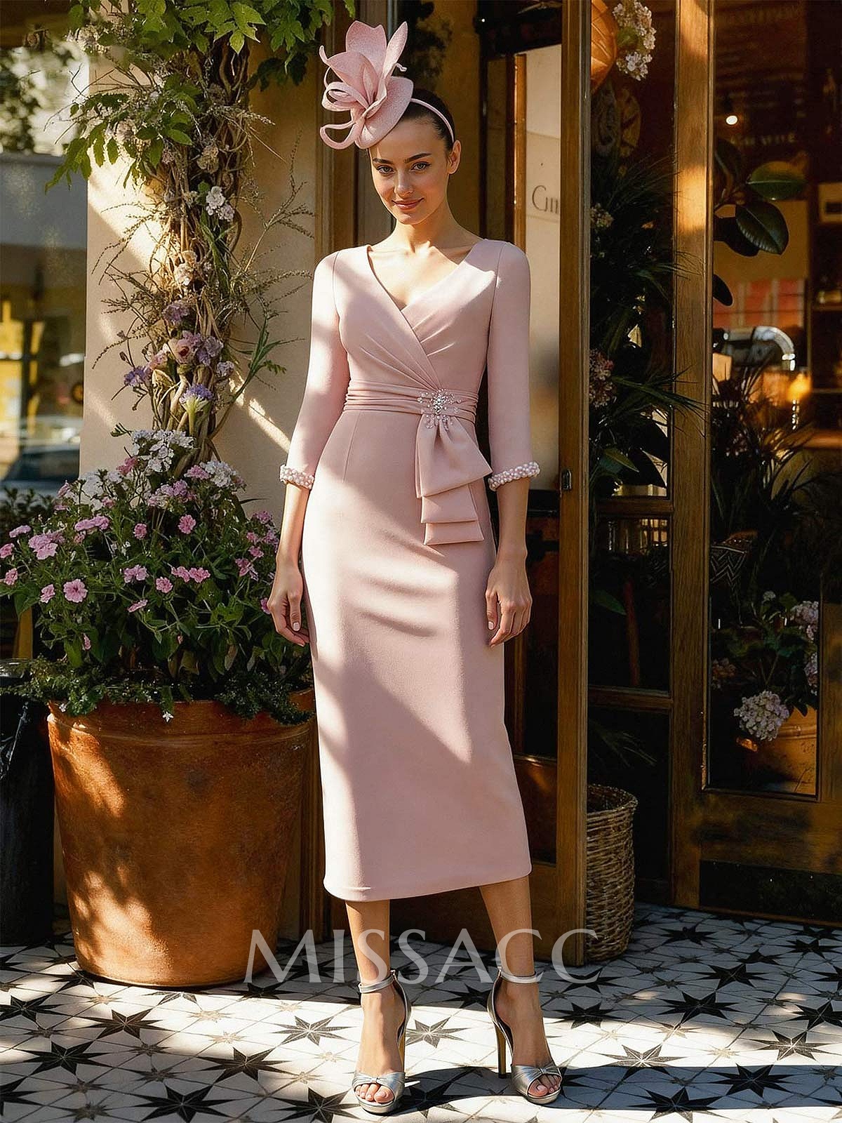 Sheath Column V-Neck 3/4 Sleeves Tea-Length Elastic Satin Mother Of The Bride Dresses With Beading