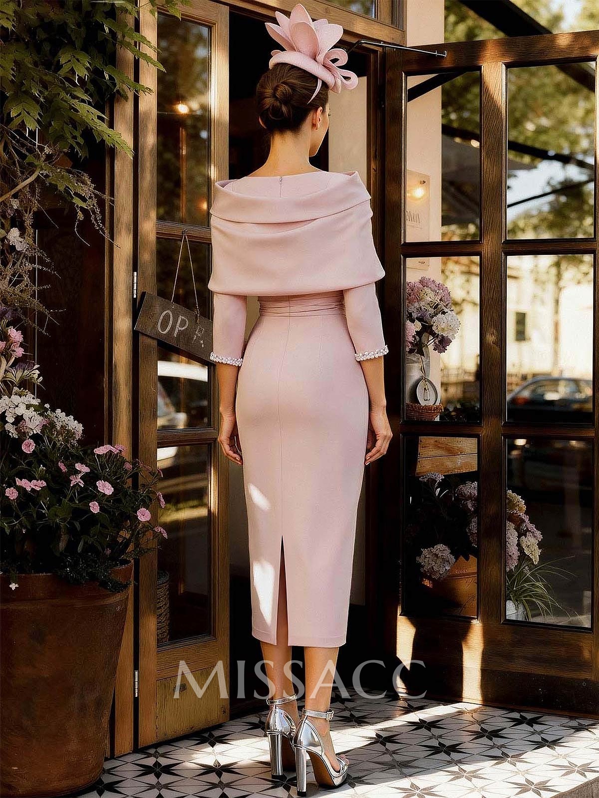 Sheath Column V-Neck 3/4 Sleeves Tea-Length Elastic Satin Mother Of The Bride Dresses With Beading