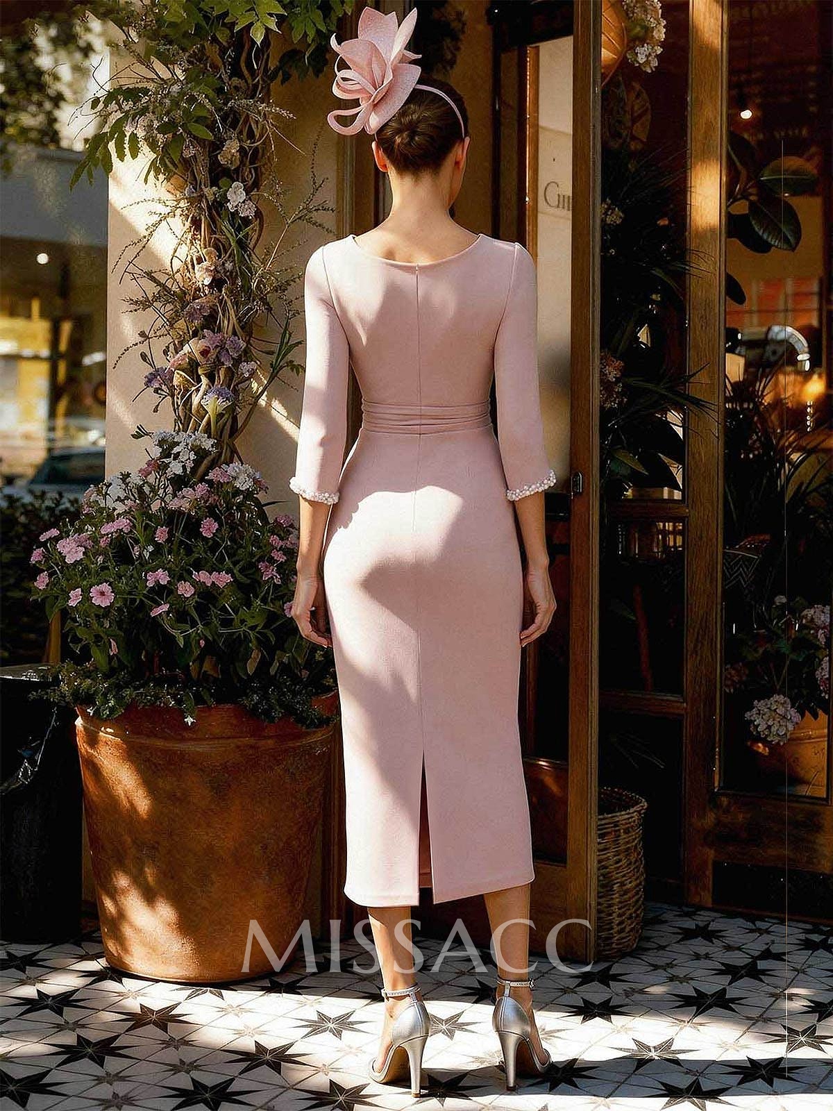 Sheath Column V-Neck 3/4 Sleeves Tea-Length Elastic Satin Mother Of The Bride Dresses With Beading
