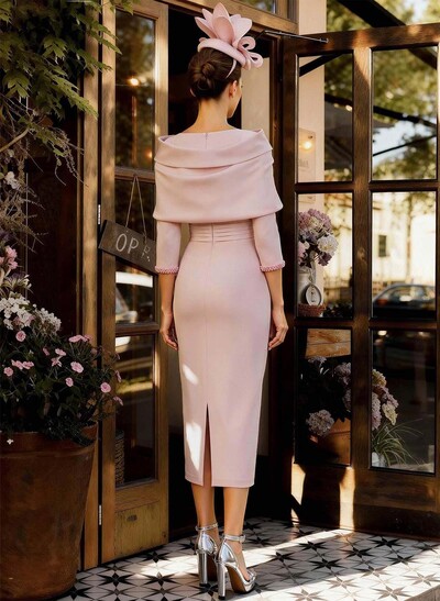 Sheath Column V-Neck 3/4 Sleeve Tea-Length Stretch Satin Mother Of The Bride Dress With Beading