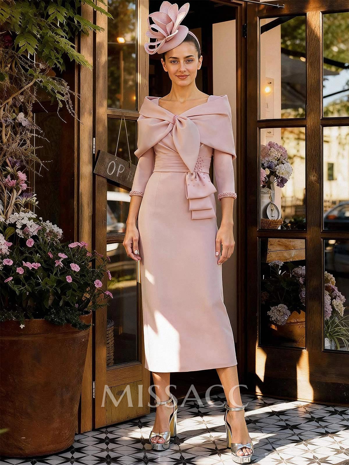 Sheath Column V-Neck 3/4 Sleeves Tea-Length Elastic Satin Mother Of The Bride Dresses With Beading