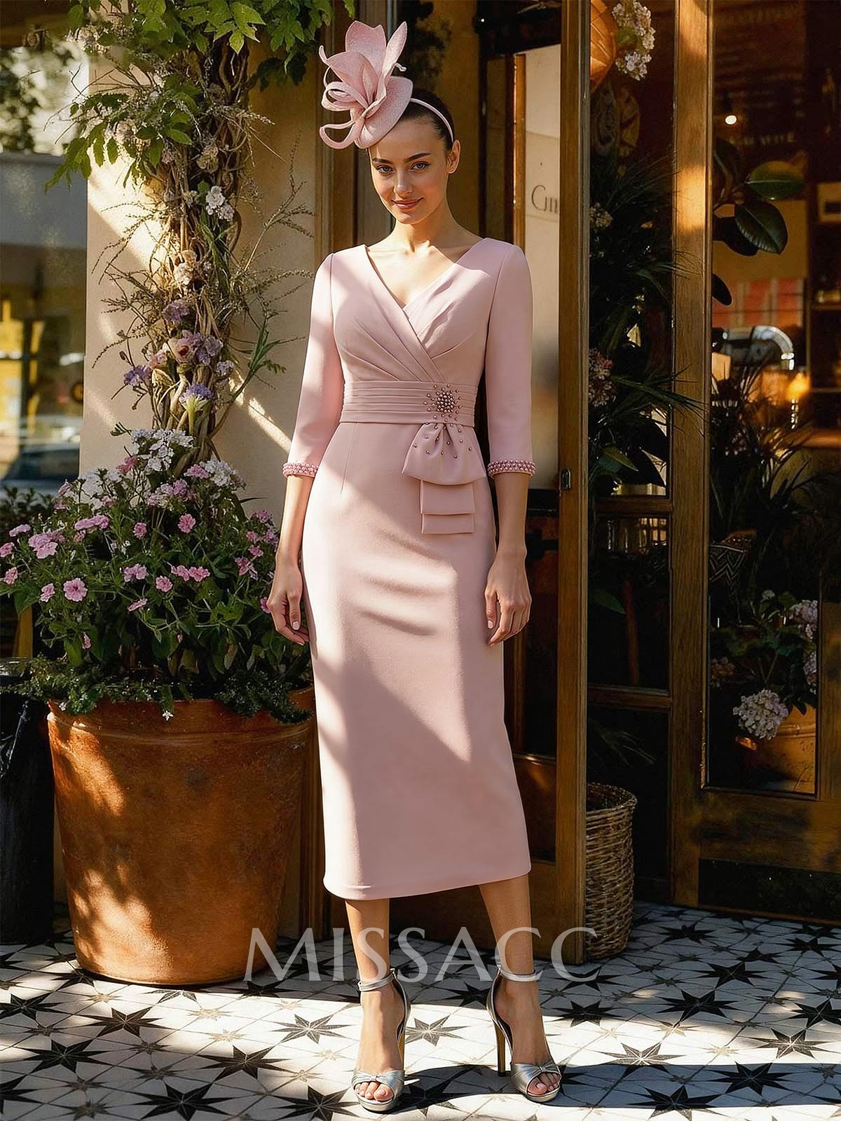 Sheath Column V-Neck 3/4 Sleeves Tea-Length Elastic Satin Mother Of The Bride Dresses With Beading