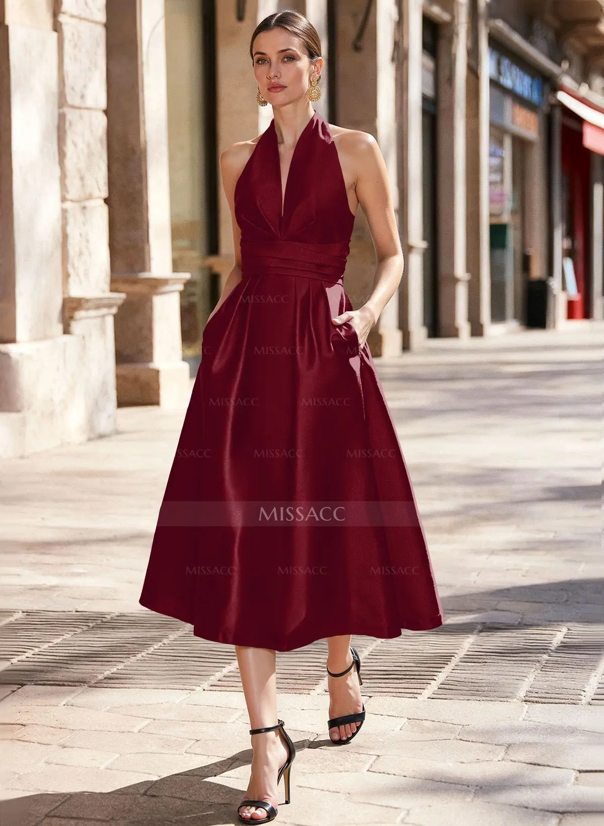 A-Line Halter Sleeveless Tea-Length Satin Cocktail Dresses With Pockets -  Missacc