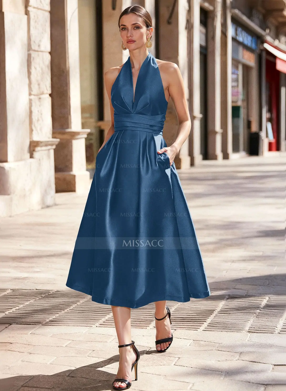 chinese dress ladies Amoris T711 Elegant Flowy Chiffon Gown with Neck Scarf Navy / 2XL