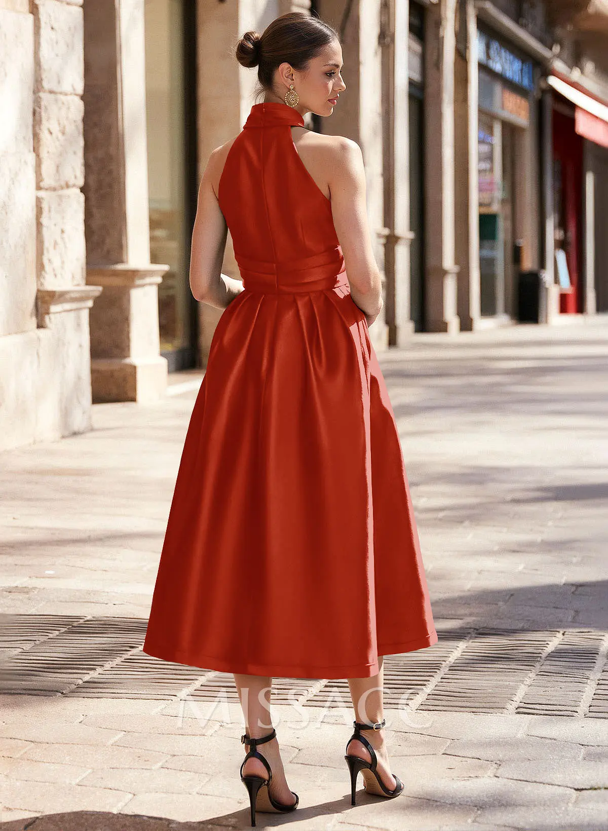 Missacc Coral Cocktail Dresses A-Line Halter Sleeveless Tea-Length Satin Cocktail Dresses With Pockets