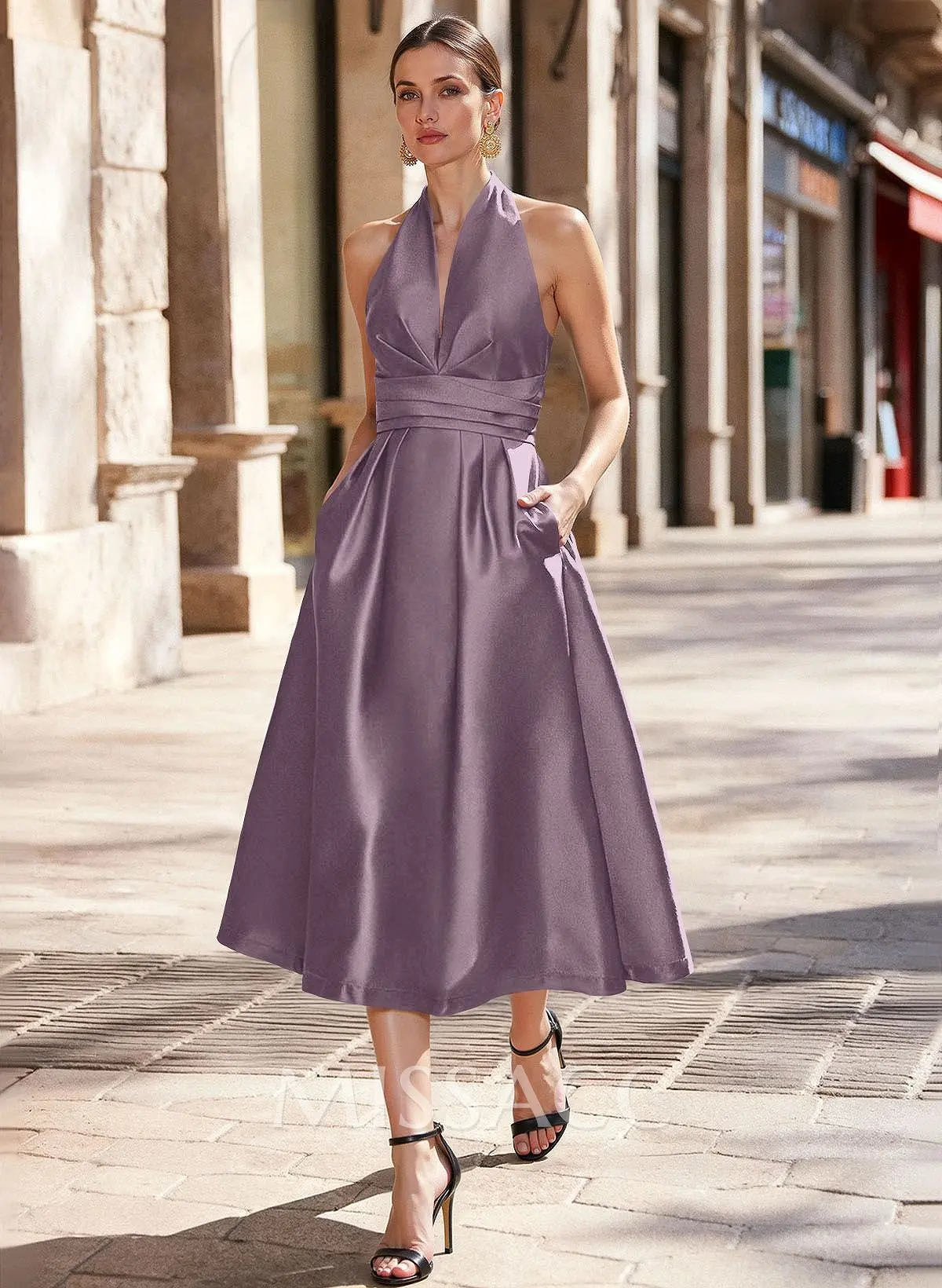 cocktail length bridesmaid dresses Stacees Bridesmaid Dress A-line Halter Chiffon Knee-Length Pleated