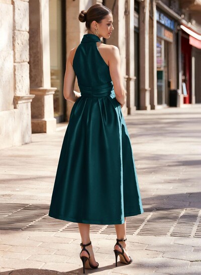A-Line Halter Sleeveless Tea-Length Satin Cocktail Dresses With Pockets