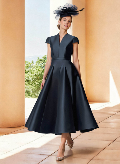 A-Line V-Neck Short Sleeves Tea-Length Satin Cocktail Dresses