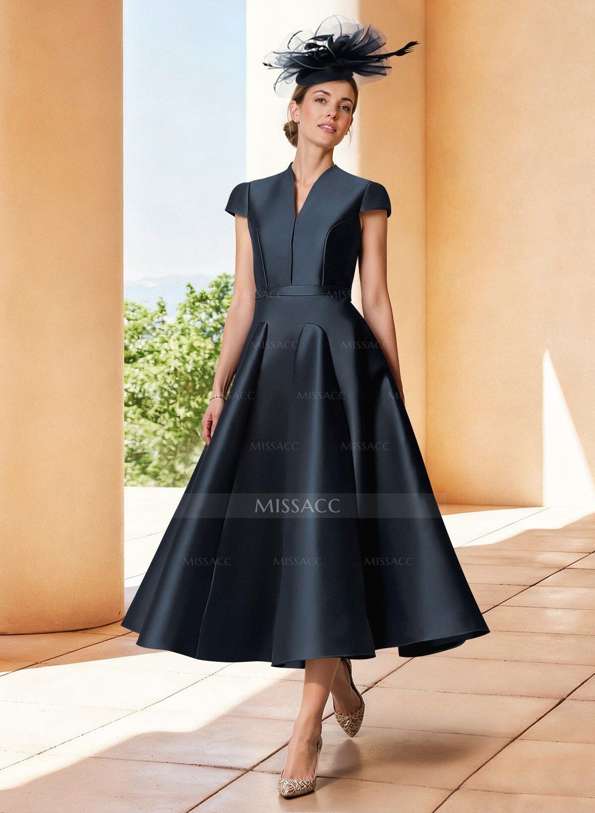 A-Line V-Neck Short Sleeves Tea-Length Satin Cocktail Dresses