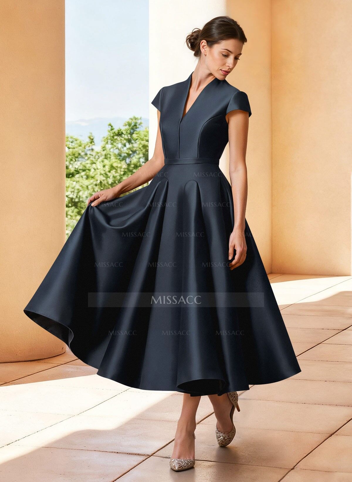 A-Line V-Neck Short Sleeves Tea-Length Satin Cocktail Dresses
