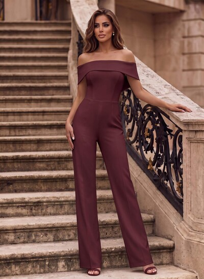 Jumpsuit Pantsuit Off-The-Shoulder Sleeveless Floor-Length Elastic Satin Evening Dresses