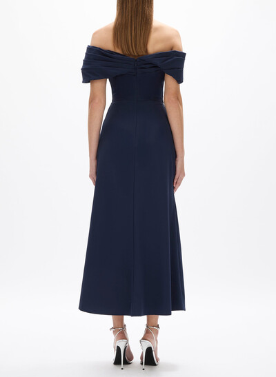 Elegant Pleated Off-The-Shoulder Sleeveless A-Line Ankle-Length Elastic Satin Evening Dresses