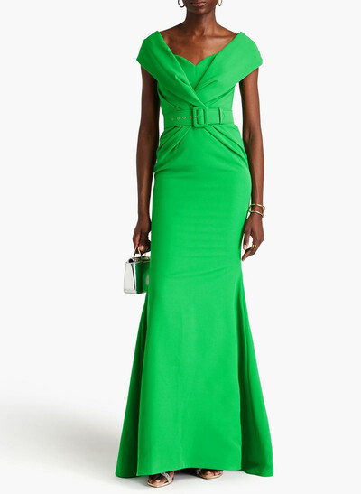 Elegant V-Neck Sleeveless Mermaid Floor-Length Elastic Satin Evening Dresses With Sash