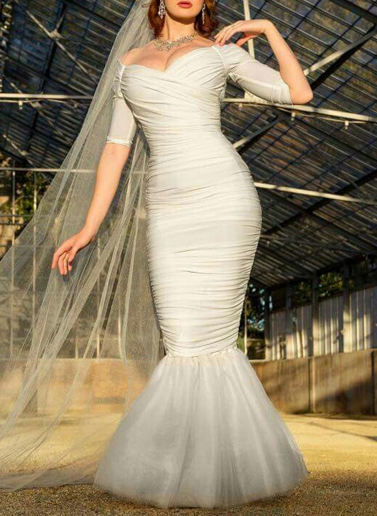 Elegant Off-The-Shoulder 1/2 Sleeves Mermaid Floor-Length Tulle Evening Dresses With Pleated