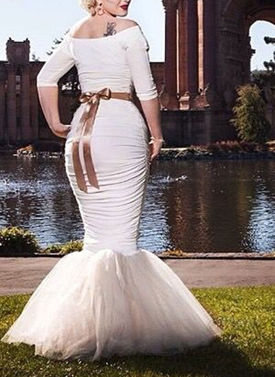 Elegant Off-The-Shoulder 1/2 Sleeves Mermaid Floor-Length Tulle Evening Dresses With Pleated