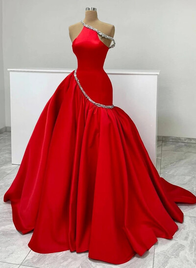 Elegant Asymmetrical Neckline Mermaid Sweep Train Satin Evening Dresses With Sequins