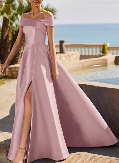 Elegant Off-The-Shoulder Sleeveless A-Line Sweep Train Satin Evening Dresses With High Split