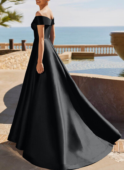 Elegant Off-The-Shoulder Sleeveless A-Line Sweep Train Satin Evening Dresses With High Split