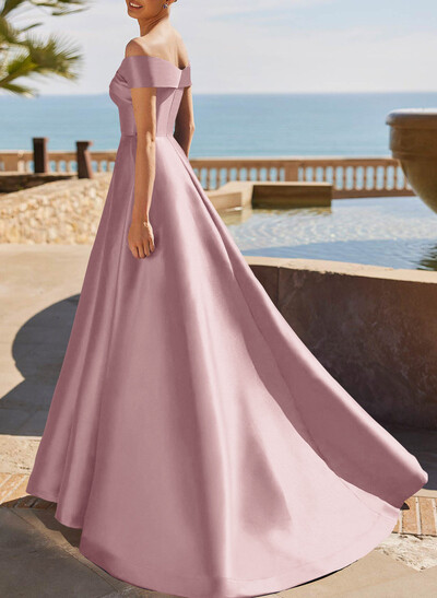 Elegant Off-The-Shoulder Sleeveless A-Line Sweep Train Satin Evening Dresses With High Split