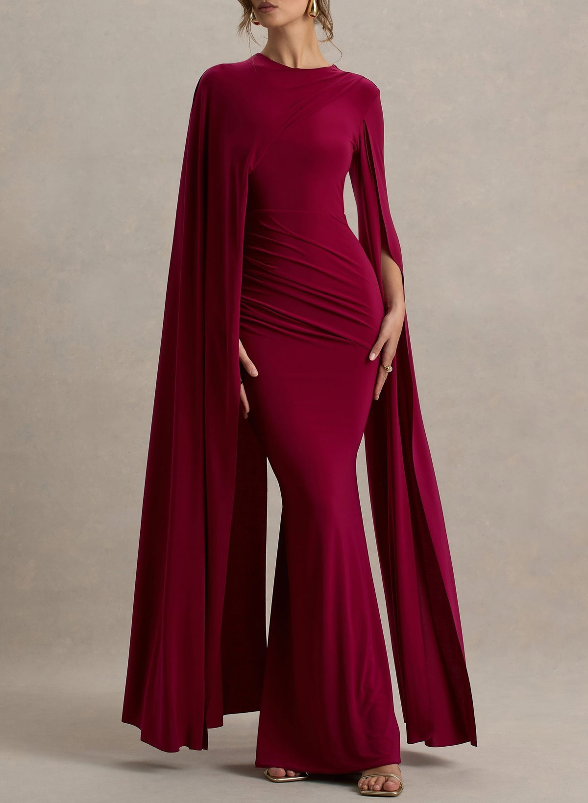 Elegant Scoop Neck Cape Sleeves Mermaid Floor-Length Jersey Evening Dresses