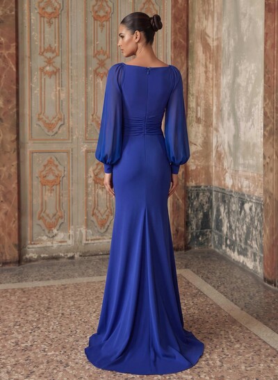 Trumpet Mermaid Plunge Neck Long Sleeves Sweep Train Chiffon Evening Dresses With Rhinestone