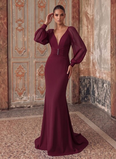Plunge Neck Long Sleeve Chiffon Mermaid Evening Gown With Rhinestones And Sweep Train