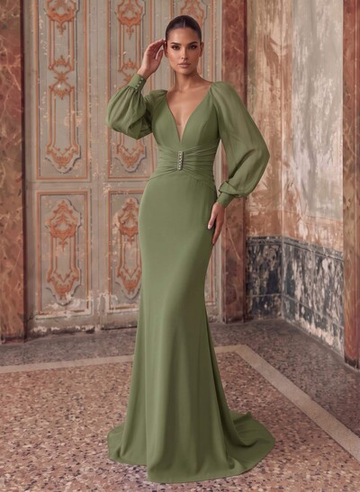 Plunge Neck Long Sleeve Chiffon Mermaid Evening Gown With Rhinestones And Sweep Train