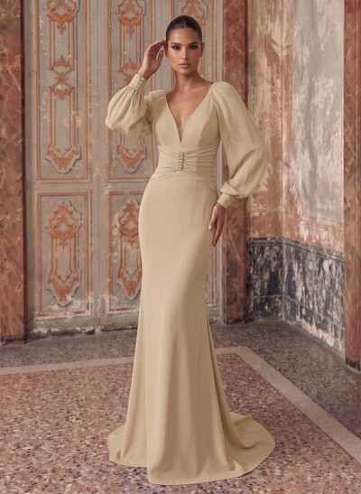 Plunge Neck Long Sleeve Chiffon Mermaid Evening Gown With Rhinestones And Sweep Train