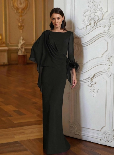 Sheath Column Scoop Neck Long Sleeves Cape Sleeves Floor-Length Chiffon Evening Dresses With Sweeping Side Drape Shoulder Ruffle
