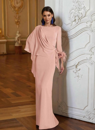 Sheath Column Scoop Neck Long Sleeves Cape Sleeves Floor-Length Chiffon Evening Dresses With Sweeping Side Drape Shoulder Ruffle